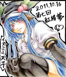 Rule 34 | 1girl, animal ears, bad id, bad pixiv id, black thighhighs, blue hair, blush, dated, female focus, food, fruit, gloves, hat, hinanawi tenshi, kemonomimi mode, long hair, nora wanko, peach, red eyes, shikishi, smile, solo, thighhighs, touhou, translation request