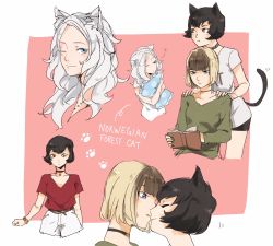 Rule 34 | 2girls, :t, ;), animal ears, bad id, bad twitter id, black hair, blonde hair, blue eyes, blush, bracelet, brown hair, cat ears, cat girl, cat tail, choker, collar, collarbone, closed eyes, from side, highres, imminent kiss, jewelry, long hair, long sleeves, motion lines, multicolored hair, multiple girls, hugging object, one eye closed, original, paw print, pillow, pillow hug, pink background, pout, red shirt, roru (lol dessin), shirt, short hair, shorts, simple background, smile, streaked hair, t-shirt, tail, v-neck, white hair, white shorts, yellow eyes, yuri