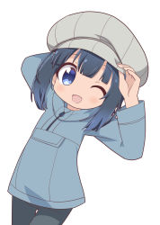 Rule 34 | 1girl, ;d, arm behind head, arms up, black hair, black pants, blue eyes, blue jacket, cabbie hat, commentary request, grey hat, hand on headwear, hat, highres, jacket, looking at viewer, minagi hiyori, one eye closed, open mouth, osaragi mitama, pants, sidelocks, simple background, slow loop, smile, solo, white background
