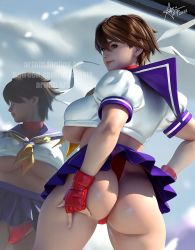 Rule 34 | 1girl, ass, breasts, brown hair, cameltoe, capcom, day, gloves, hand on own hip, kasugano sakura, large breasts, looking at viewer, panties, red panties, sailor collar, shiny skin, smile, solo, standing, street fighter, street fighter zero (series), thigh gap, thong, underboob, underwear
