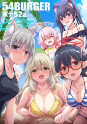 Rule 34 | 1boy, 5girls, absurdres, ahoge, animal ear fluff, animal ears, artist name, ayane (blue archive), ayane (swimsuit) (blue archive), bikini, black bikini, black hair, black one-piece swimsuit, blonde hair, blue archive, blue eyes, blush, breasts, brown eyes, cat ears, cleavage, clothes pull, cover, cover page, day, extra ears, foreclosure task force (blue archive), green eyes, grey hair, halo, harem, hetero, highres, hoshino (blue archive), hoshino (swimsuit) (blue archive), large breasts, long hair, marugoshi (54burger), medium breasts, multiple girls, nonomi (blue archive), nonomi (swimsuit) (blue archive), official alternate costume, one-piece swimsuit, open mouth, outdoors, paizuri, palm tree, pink hair, pointy ears, ponytail, pov, precum, purple eyes, serika (blue archive), serika (swimsuit) (blue archive), shiroko (blue archive), shiroko (swimsuit) (blue archive), sky, small breasts, striped bikini, striped clothes, swimsuit, tree, very long hair, watermark, white bikini, wolf ears, yellow bikini
