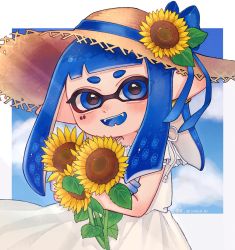 Rule 34 | 1girl, aoaza 83, artist name, blue eyes, blue hair, blue ribbon, blue tongue, blunt bangs, blunt ends, brown hat, cloud, cloudy sky, colored tongue, commentary, day, dress, fangs, flower, hat, hat flower, hat ribbon, highres, holding, holding flower, inkling, inkling girl, inkling player character, looking at viewer, mask, medium hair, nintendo, open mouth, outdoors, outside border, pointy ears, ribbon, sky, smile, solo, standing, straw hat, sun hat, sundress, sunflower, symbol-only commentary, tentacle hair, white dress