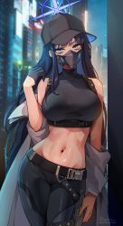 Rule 34 | 1girl, bare shoulders, baseball cap, black gloves, black hair, black mask, blue archive, blue eyes, breasts, coat, crop top, foxyreine, gloves, halo, hat, highres, large breasts, long hair, looking at viewer, mask, midriff, mouth mask, navel, off shoulder, patreon logo, saori (blue archive), shirt, sleeveless, sleeveless shirt, solo, white coat