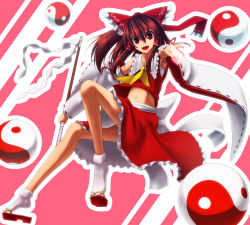 Rule 34 | 1girl, bad id, bad pixiv id, between fingers, bow, brown hair, detached sleeves, din (artist), din (flypaper), female focus, gohei, hakurei reimu, half updo, holding, imperishable night, japanese clothes, long hair, midriff, miko, navel, open mouth, orb, red eyes, ribbon, sandals, shoe dangle, smile, solo, spell card, touhou, yin yang