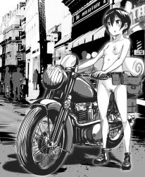 Rule 34 | 2boys, 3girls, boots, breasts, city, collarbone, dosu (doseven), exhibitionism, full body, greyscale, hermes (kino no tabi), kino (kino no tabi), kino no tabi, monochrome, motor vehicle, motorcycle, multiple boys, multiple girls, nipples, nude, photo background, pubic hair, public indecency, road, short hair, small breasts, small nipples, solo focus, standing, street, tomboy