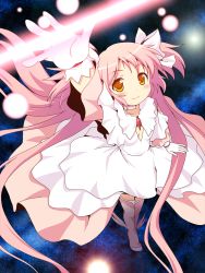 Rule 34 | 10s, 1girl, alternate hairstyle, dress, from above, gloves, highres, kaname madoka, long hair, magical girl, mahou shoujo madoka magica, mahou shoujo madoka magica (anime), md5 mismatch, pink hair, solo, space, thighhighs, twintails, ultimate madoka, very long hair, white gloves, yamasan, yellow eyes