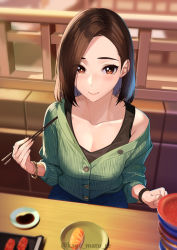 Rule 34 | 1girl, absurdres, bare shoulders, blush, bracelet, breasts, brown eyes, brown hair, buttons, chopsticks, cleavage, collarbone, food, forehead, green shirt, highres, jewelry, kagematsuri, large breasts, long sleeves, looking at viewer, mole, mole under mouth, off-shoulder shirt, off shoulder, original, parted bangs, plate, pov across table, shirt, smile, solo, sparkling eyes