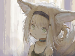 Rule 34 | 1girl, animal ears, arknights, bare shoulders, blonde hair, blush, camisole, fox ears, fox girl, fox tail, green eyes, hairband, infection monitor (arknights), mani tamlyn, material growth, multiple tails, oripathy lesion (arknights), pout, solo, suzuran (arknights), tail
