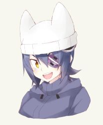 Rule 34 | &gt;:d, 10s, 1girl, :d, animal hat, bad id, bad twitter id, beanie, eyepatch, hat, headgear, kantai collection, open mouth, purple hair, shigino sohuzi, short hair, smile, solo, tenryuu (kancolle), upper body, v-shaped eyebrows, yellow eyes