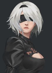 Rule 34 | black dress, black hairband, blindfold, blue eyes, cleavage cutout, clothing cutout, covered eyes, dress, facing viewer, hairband, highres, juliet sleeves, jun project, leotard, long sleeves, mole, mole under mouth, nier (series), nier:automata, puffy sleeves, silver hair, solo, 2b (nier:automata)