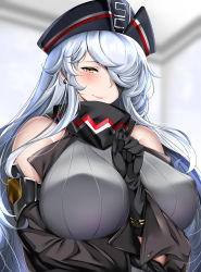 Rule 34 | 1girl, absurdres, admiral scheer (blue oath), arm between breasts, arm under breasts, bare shoulders, blue oath, blush, breasts, brown eyes, covered erect nipples, detached sleeves, earrings, eyepatch, gloves, hair over one eye, half-closed eyes, hat, highres, huge filesize, jewelry, kome cola, large breasts, long hair, looking at viewer, mole, mole under eye, shirt, sidelocks, silver hair, sleeveless, smile, solo
