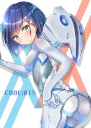 Rule 34 | 10s, 1girl, ass, blue hair, blush, bodysuit, breasts, character name, darling in the franxx, green eyes, highres, ichigo (darling in the franxx), leaning, leaning forward, looking at viewer, medium breasts, shiny clothes, short hair, sideboob, skin tight, solo, sunsun2812, white bodysuit