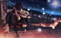Rule 34 | 2girls, against wall, annoyed, arms up, asymmetrical clothes, between fingers, blonde hair, blue eyes, bow, bracelet, cape, card, cityscape, cloud, corset, djmax, djmax portable, djmax technika, elbow gloves, floating card, floating card, flying paper, frills, glasses, gloves, hat, highres, holding, jewelry, lace, lights, looking back, lupine, mask, moon, multiple girls, night, one eye closed, outdoors, paper, plaid, plaid skirt, ribbon, rooftop, shirley house, single glove, skirt, sky, standing, standing on one leg, star (sky), star (symbol), starry sky, thighhighs, top hat, town, transparent card, village, wallpaper, wink, yuuki tatsuya