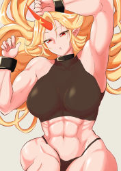 Rule 34 | 1girl, abs, absurdres, alternate costume, arm up, armpits, black panties, black sports bra, blonde hair, breasts, commentary request, cowboy shot, cuffs, fugaku (miko no miyatsuguchi), grey background, highres, horns, hoshiguma yuugi, large breasts, long hair, looking at viewer, muscular, muscular female, open mouth, panties, pointy ears, red eyes, simple background, single horn, solo, sports bra, touhou, underwear