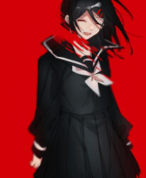 Rule 34 | 1girl, ambiguous red liquid, arms at sides, black hair, black sailor collar, black serafuku, black skirt, blurry, closed eyes, collarbone, commentary request, depth of field, floating hair, hair ornament, hairclip, highres, kagerou project, long bangs, long hair, long sleeves, mekakucity actors, muuta04, no scarf, open mouth, pleated skirt, red background, sailor collar, sailor collar lift, school uniform, serafuku, simple background, skirt, sleeve cuffs, smile, solo, tateyama ayano, teeth, upper teeth only