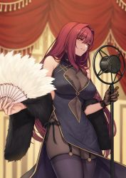 Rule 34 | 1girl, bare shoulders, black dress, black gloves, blurry, blurry background, bodystocking, breasts, brown eyes, china dress, chinese clothes, cleavage, cowboy shot, depth of field, dress, evan yang, fate/grand order, fate (series), folding fan, garter straps, gloves, hair intakes, hand fan, highres, large breasts, long hair, microphone, parted lips, purple hair, scathach (fate), scathach (fate), shawl, single glove, solo, standing, thighhighs