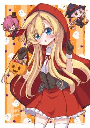 Rule 34 | 3girls, abukuma (kancolle), abukuma kai ni (kancolle), black gloves, blonde hair, blue eyes, broom, broom riding, capelet, collared shirt, cosplay, frilled skirt, frills, gloves, hair between eyes, halloween costume, happy halloween, hat, highres, hood, hood up, hooded capelet, kantai collection, little red riding hood, little red riding hood (grimm), little red riding hood (grimm) (cosplay), long hair, miniskirt, multiple girls, official alternate costume, official alternate hairstyle, pink hair, pirikara spicy tapioca, red capelet, red eyes, red hood, red skirt, shirt, short hair, skirt, smile, tama (kancolle), thighhighs, top hat, underbust, very long hair, white shirt, white thighhighs, witch hat, yura (kancolle)