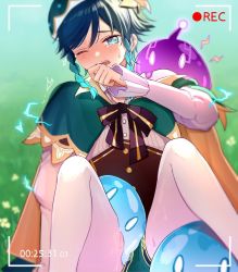 Rule 34 | 1boy, androgynous, beret, black hair, blue hair, blurry, blurry background, blush, bow, braid, cape, chiroron, collared cape, collared shirt, corset, crying, crying with eyes open, electricity, flower, frilled sleeves, frills, genshin impact, gradient hair, grass, green eyes, green hat, green shorts, hair flower, hair ornament, hat, highres, long sleeves, male focus, multicolored hair, one eye closed, open mouth, pantyhose, shirt, short hair with long locks, shorts, slime (creature), slime (genshin impact), solo, tearing up, tears, twin braids, venti (genshin impact), white flower, white pantyhose, white shirt