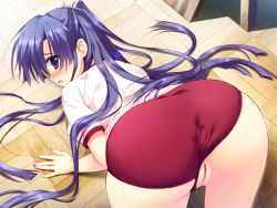 Rule 34 | 10s, 1girl, all fours, ass, bent over, blush, buruma, clothing aside, decensored, from behind, game cg, gym uniform, hair ornament, hoshizora e kakaru hashi, hoshizora e kakaru hashi aa, koumoto madoka, long hair, looking back, purple eyes, purple hair, pussy, ryouka (suzuya), shorts, shorts aside, solo, sweat, third-party edit, top-down bottom-up, uncensored, very long hair