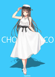 Rule 34 | 1girl, arm up, bare arms, bare shoulders, black bow, blue background, bow, brown eyes, brown hair, commentary request, dress, full body, hand on headwear, hat, hat bow, kagachi saku, long hair, original, parted lips, sandals, shadow, sleeveless, sleeveless dress, smile, solo, standing, very long hair, white dress, white footwear, white hat