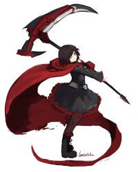 Rule 34 | 1girl, artist name, belt, black dress, black hair, boots, cape, dress, holding, holding weapon, lansane, long sleeves, looking at viewer, multicolored hair, pantyhose, red cape, red hair, ruby rose, rwby, scythe, short hair, silver hair, sleeves past wrists, smile, solo, two-tone hair, weapon, white background, wide sleeves