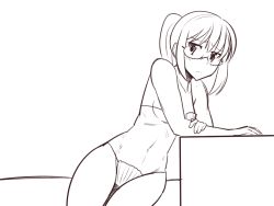 Rule 34 | 1girl, analogue: a hate story, bikini, blush, boa (brianoa), breasts, cleavage, closed mouth, glasses, greyscale, hate plus, hyun-ae, looking at viewer, monochrome, navel, ponytail, shell, shell bikini, solo, swimsuit, thigh gap