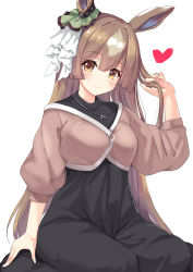 Rule 34 | 1girl, animal ears, black dress, blush, breasts, brown eyes, brown hair, brown jacket, closed mouth, commentary request, dress, grey hair, hair between eyes, hand in own hair, hand up, heart, highres, horse ears, jacket, long hair, looking at viewer, medium breasts, multicolored hair, natsu (anta tte hitoha), satono diamond (umamusume), simple background, smile, solo, two-tone hair, umamusume, very long hair, white background