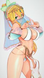 Rule 34 | 1145ryou cm3d2, 1girl, 3d, blonde hair, breasts, circlet, cleavage, commentary request, green eyes, hair between eyes, harem outfit, highres, large breasts, leafa, long hair, looking at viewer, mouth veil, navel, pelvic curtain, pointy ears, ponytail, revealing clothes, see-through, simple background, solo, sword art online, thighs, veil, white background