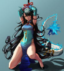 Rule 34 | 1girl, arknights, black hair, chinese clothes, dragon tail, dusk (arknights), dusk (everything is a miracle) (arknights), horns, pelvic curtain, tail, thighs, yellow eyes