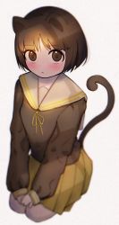 Rule 34 | 1girl, amagami, animal ears, black eyes, black serafuku, blunt bangs, blurry, blush, bob cut, brown eyes, brown hair, cat ears, cat tail, closed mouth, commentary, depth of field, expressionless, from above, full body, hands on lap, highres, long sleeves, looking at viewer, looking up, neck ribbon, on ground, own hands together, pleated skirt, rabiyamarabi, ribbon, sailor collar, school uniform, seiza, serafuku, short hair, simple background, sitting, skirt, solo, tachibana miya, tail, texture, upturned eyes, white background, white sailor collar, yellow ribbon, yellow skirt