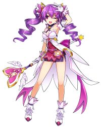 Rule 34 | 1girl, ;d, absurdres, aisha landar, bare legs, bow, crescent, crescent hair ornament, dimension witch (elsword), elsword, full body, gloves, hair ornament, hairclip, highres, holding, holding staff, long hair, miniskirt, official art, one eye closed, open mouth, purple bow, purple eyes, purple hair, purple skirt, ress, ringlets, shoes, skirt, smile, solo, staff, standing, transparent background, twintails, v, white footwear, white gloves