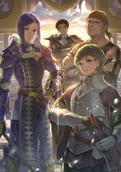 Rule 34 | 4boys, armor, ascot, bandana, belt, black jacket, blonde hair, braid, breastplate, brown belt, brown cape, cape, claude von riegan, closed mouth, cowboy shot, crossed arms, fire emblem, fire emblem: three houses, fire emblem warriors: three hopes, gauntlets, glasses, gloves, green eyes, hair ornament, hairclip, highres, holding, holding polearm, holding sword, holding weapon, ignatz victor, jacket, long sleeves, looking at viewer, lorenz hellman gloucester, male focus, multiple boys, nintendo, official alternate costume, official alternate hairstyle, orange bandana, orange eyes, pauldrons, polearm, purple hair, raphael kirsten, round eyewear, scabbard, sheath, sheathed, shiroi (shiroicbe), shoulder armor, single braid, smile, standing, sword, weapon, white gloves