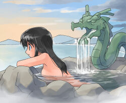 Rule 34 | 1girl, black hair, breasts, cloud, cloudy sky, commentary, dragon, eastern dragon, fountain, from side, landscape, long hair, looking to the side, masuki, medium breasts, nude, onsen, original, outdoors, partially submerged, rock, scenery, sideboob, sky, solo, steam, upper body, water