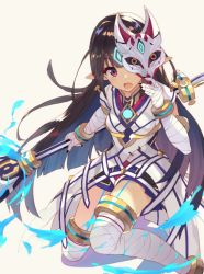 Rule 34 | 1girl, animal ears, black hair, blush, fox mask, japanese clothes, kasandra (xenoblade), long hair, looking at viewer, mask, nanashi star, nintendo, open mouth, pointy ears, red eyes, simple background, smile, solo, white background, xenoblade chronicles (series), xenoblade chronicles 2, xenoblade chronicles (series), xenoblade chronicles 2