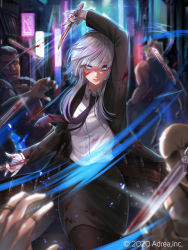 Rule 34 | 1girl, 3boys, black jacket, black neckwear, black pantyhose, black skirt, blood, blood on clothes, blood on face, bloody weapon, blue eyes, breasts, commentary request, copyright request, holding, holding knife, holding weapon, jacket, jewelry, knife, large breasts, looking at viewer, multiple boys, necktie, official art, outdoors, pantyhose, pencil skirt, re (re 09), ring, shirt, short hair with long locks, silver hair, skirt, solo focus, weapon, white shirt