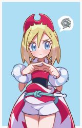 Rule 34 | 1girl, blonde hair, blue background, blue eyes, blush, border, closed mouth, commentary request, creatures (company), eyelashes, game freak, hair between eyes, hairband, hands up, highres, hiisu (s-1104-d), index fingers together, irida (pokemon), jewelry, looking away, medium hair, neck ring, nintendo, pokemon, pokemon legends: arceus, red hairband, red shirt, sash, shirt, shorts, solo, spoken squiggle, squiggle, strapless, strapless shirt, waist cape, white border, white shorts