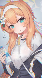 Rule 34 | 1girl, animal ears, bag, blue archive, blue eyes, bottle, cat ears, cat girl, chromatic aberration, collarbone, commentary request, flower, flying sweatdrops, gym shirt, gym uniform, hair between eyes, hair flower, hair ornament, halo, headband, highres, holding, holding bottle, jacket, long hair, long sleeves, looking at viewer, low ponytail, mari (blue archive), mari (track) (blue archive), official alternate costume, open clothes, open jacket, orange hair, plastic bottle, saebashi, shirt, shoulder bag, sidelocks, simple background, solo, sweat, track jacket, water bottle