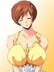 Rule 34 | 1girl, bare arms, bare shoulders, breasts, brown hair, cleavage, closed eyes, collarbone, covered erect nipples, gradient background, highres, huge breasts, light smile, parted lips, sakura na omiki, shiny skin, short hair, simple background, sleeveless, smile, solo, super real mahjong, toyohara etsuko, upper body