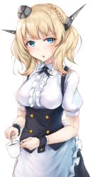 Rule 34 | 1girl, alternate costume, apron, blonde hair, blue eyes, braid, breasts, colorado (kancolle), commentary request, cosplay, cup, dress, enmaided, frilled apron, frilled dress, frilled shirt, frills, garrison cap, grey dress, grey hat, haamon (harmon), hat, headgear, highres, kantai collection, kirima syaro, kirima syaro (cosplay), look-alike, looking at viewer, maid, medium breasts, shirt, short hair, side braids, simple background, solo, vipper captain, waist apron, waitress, white apron, white background, white shirt, wrist cuffs