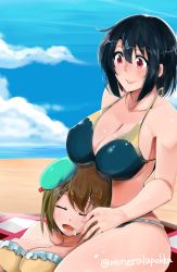 Rule 34 | 10s, 2girls, absurdres, beach, beret, bikini, black hair, blush, breast rest, breasts, brown hair, cleavage, curvy, duralu500, hat, highres, kantai collection, lap pillow, large breasts, maya (kancolle), multiple girls, red eyes, short hair, sleeping, smile, swimsuit, takao (kancolle), wide hips