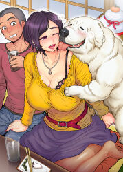 1girl 2boys alcohol bestiality blush breasts clothes collar dog drunk huge_breasts jewelry long_hair looking_at_viewer multiple_boys netorare open_mouth original ring saliva sitting tongue tongue_out wedding_ring