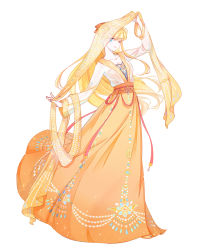 Rule 34 | 1girl, aino minako, alternate costume, bishoujo senshi sailor moon, blonde hair, blue eyes, breasts, chinese clothes, cleavage, earrings, full body, hair ribbon, hanfu, jewelry, lips, long hair, looking at viewer, one eye closed, ribbon, riku (lingsky), see-through, simple background, solo, white background