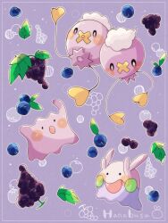 Rule 34 | :d, :o, animal focus, artist name, blueberry, border, colored skin, commentary request, creatures (company), ditto, drifloon, food, fruit, game freak, gen 1 pokemon, gen 4 pokemon, gen 6 pokemon, goomy, grapes, hanabusaoekaki, highres, nintendo, no humans, open mouth, pokemon, pokemon (creature), purple background, purple skin, purple theme, simple background, smile, solid circle eyes, solid oval eyes, white border