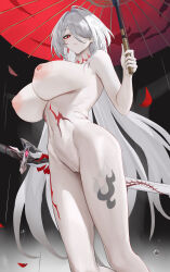 Rule 34 | 1girl, absurdres, acheron (honkai: star rail), bare shoulders, breasts, cleft of venus, completely nude, earrings, hair over one eye, highres, holding, holding sword, holding umbrella, holding weapon, honkai: star rail, honkai (series), jewelry, large breasts, liangfen, long hair, looking at viewer, navel, nipples, nude, oil-paper umbrella, pale skin, parted lips, pussy, red eyes, solo, sword, umbrella, uncensored, very long hair, weapon, white hair