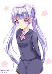 Rule 34 | 1girl, arms behind back, black jacket, black skirt, blazer, blush, closed mouth, collared shirt, commentary request, dated, formal, hair ornament, highres, jacket, long hair, long sleeves, neck ribbon, new game!, pink ribbon, purple eyes, purple hair, ribbon, shirt, sidelocks, skirt, skirt suit, smile, solo, suit, suzukaze aoba, twintails, twitter username, very long hair, white background, white shirt, xenon (for achieve)