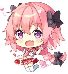 Rule 34 | 1boy, artist name, astolfo (fate), astolfo (sailor paladin) (fate), black bow, blush, bow, braid, chibi, commentary, english commentary, fate/apocrypha, fate (series), flower, hair bow, hair intakes, hand up, heart, hitsukuya, jumping, legs together, long hair, lowres, male focus, midriff, neckerchief, official alternate costume, petals, pink hair, pink neckerchief, pink sailor collar, pleated skirt, purple eyes, red flower, red rose, red skirt, rose, rose petals, sailor collar, school uniform, serafuku, shirt, short sleeves, signature, single braid, skirt, solo, thighhighs, very long hair, white shirt, white thighhighs