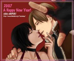 Rule 34 | 00s, 1boy, 1girl, 2007, ada wong, asia airport, bare shoulders, black hair, blonde hair, bomber jacket, capcom, choker, closed eyes, couple, dress, fingerless gloves, gloves, hand on another&#039;s chin, happy new year, hetero, holiday, imminent kiss, jacket, leon s. kennedy, lips, new year, red dress, resident evil, resident evil 4, short hair
