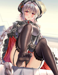 Rule 34 | 1girl, azur lane, breasts, cameltoe, closed mouth, cowboy shot, cross, curvy, embarrassed, fake horns, from behind, gloves, gluteal fold, hat, highleg, highleg panties, horns, iron cross, nurnberg (azur lane), panties, pout, raised eyebrows, red eyes, ribbed shirt, shirt, silver hair, simple background, solo, thick thighs, thighs, twintails, underwear