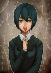 Rule 34 | 00s, 1girl, androgynous, bad id, bad pixiv id, black hair, coat, covering own mouth, dress shirt, flower, formal, green eyes, highres, kino (kino no tabi), kino no tabi, looking at viewer, patterned background, portrait, reverse trap, shirt, short hair, solo, suit, tomboy, toro (6636), tulip
