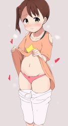 Rule 34 | 1girl, absurdres, akamatsu yui, blush, brown hair, clothes lift, clothes pull, commentary, highres, lifting own clothes, looking at viewer, mitsuboshi colors, navel, panties, pants, pants pull, riyo (aokiwazumi), shirt lift, side ponytail, simple background, solo, underwear, yellow eyes